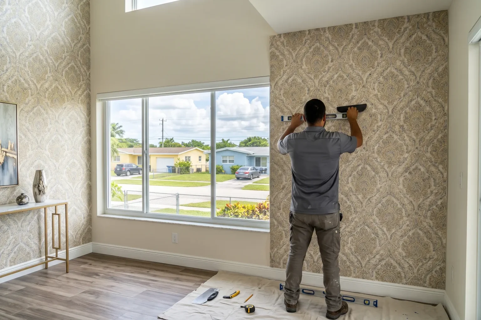 Installer smoothing a new panel of patterned wallpaper on a living room wall
